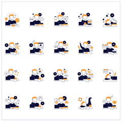 Fototapeta premium Procrastination flat icons set. Postpone unpleasant tasks for later.Delay. Lazy person. Overwhelmed concept. Vector illustrations