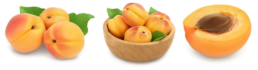 apricot fruit with half and slices isolated on white background with full depth of field. Set or collection