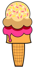 Vanilla strawberry ice cream on a waffle cone with sprinkles
