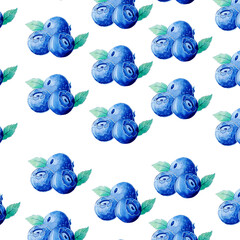 Pattern with hand painted watercolor blueberries