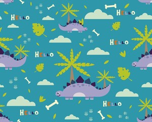 seamless pattern with dinosaurs, tropical leaves and egg, cute childish background for any design, stylized vector graphics