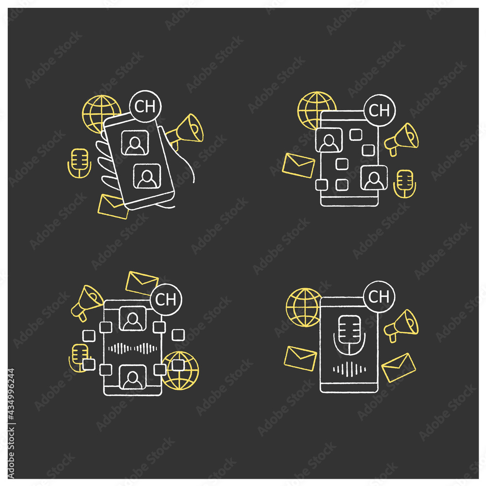 Poster drop in audio chalk icons set. communication application with friends.voice messaging, chat. voice c