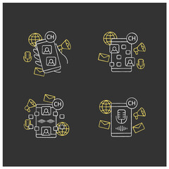 Drop in audio chalk icons set. Communication application with friends.Voice messaging, chat. Voice communication concept.Isolated vector illustrations on chalkboard