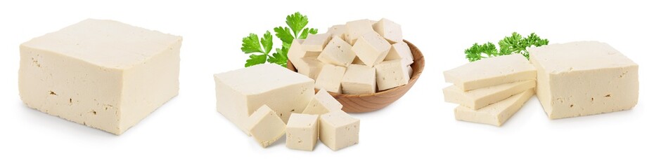 tofu cheese isolated on white background with clipping path and full depth of field, Set or collection