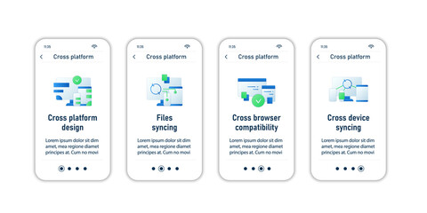 Cross platform onboarding mobile app screens.Design, cross browser compatbility, devices syncing. Programming environment steps menu. Set of UI, UX, web template with RGB color linear icons