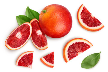 Blood red oranges isolated on white background with clipping path. Top view. Flat lay