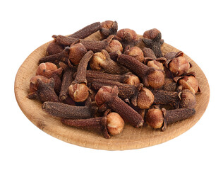 Dry spice cloves in wooden bowl isolated on white background with clipping path and full depth of field.