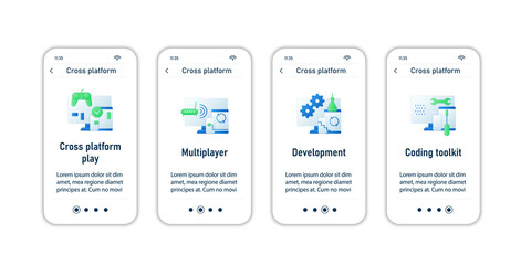 Cross platform onboarding mobile app screens.Playing, multiplayer, development, coding toolkit. Programming environment steps menu. Set of UI, UX, web template with RGB color linear icons