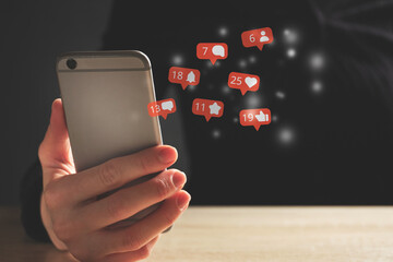 Social media concept with online activity. Person uses a smartphone