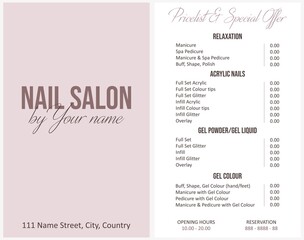 Illustration sticker business card for nail salon by your name with pricelist and special offer, adress, phone number for reservation anf opening hours - obrazy, fototapety, plakaty