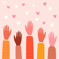 Flat vector cartoon illustration of hands reaching for hearts. The concept of support, volunteering, charity
