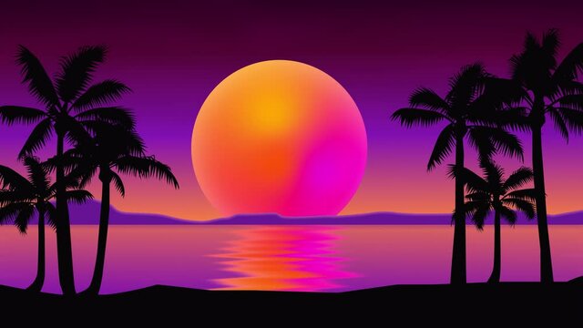 Dark palm trees silhouettes on colorful tropical ocean sunset background. Summertime beautiful sky looped animation. Summer beach, landscape backdrop, screensaver. synthwave and retrowave sun