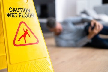 Slip Fall Accident. Floor Sign Caution