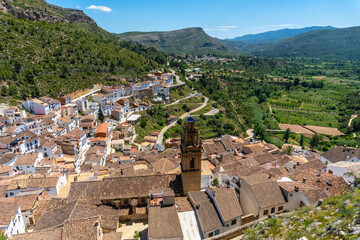 View of the town from the castle of the town of Chulilla in the mountains of the Valencian community. Spain