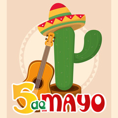 Cinco de mayo poster with a mexican hat and guitar Vector