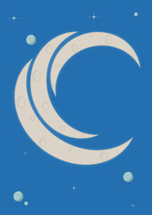 Luna cuarto creciente en cielo azul. carton, vector, dibujo, ilustracion.