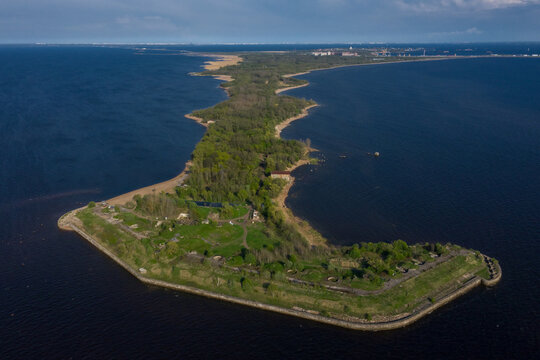 A panoramic view from a height of Fort Rif. The western tip of Kotlin Island in the Gulf of Finland in the city of Kronstadt. Kronstadt fortress.