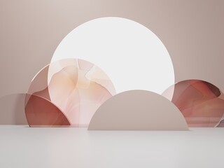 3D Rendering Asian, Chinese, Japanese or Korean Style Product Display Background. Shiny Moon, Watercolor Glass Screen and Paper Cutting Props for Festive Food, Beverage and Beauty Products.