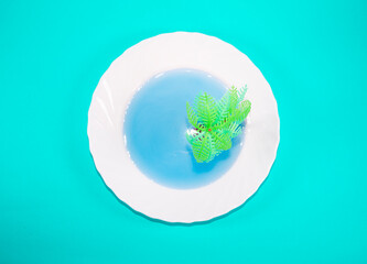 Kids toy palm tree in a plate with blue water. On trendy turquoise background. Summer holidays idea. Minimal abstract ruined summer due to pandemic concept. With copy space.