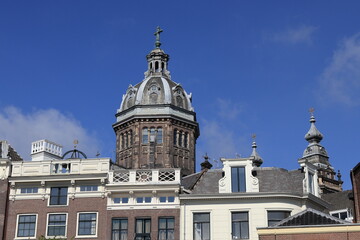 Amsterdam House Facades Details with St. Nicholas Church Dome