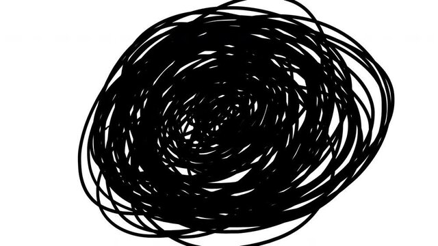 Frame transition with black squiggles handle. Zigzag line in 2D style for changing video. Painting a white surface with black marker. Stock 4k animation for composition.