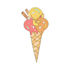 Vector illustration of an ice cream cone with colored balls, waffle rolls, peach, and sprinkles. Doodle style for textile, prints, stickers, posters, postcards, menu design, cafe interior.