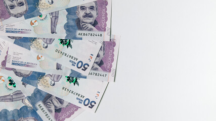 colombian money, fifty thousand pesos on white background