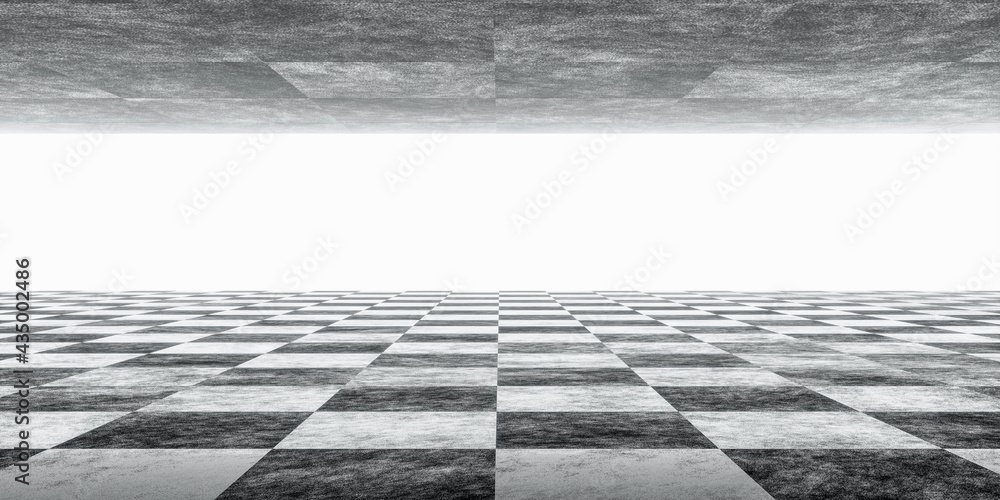 Aufkleber abstract building environment with black and white chess tile floor pattern 3d render illustration