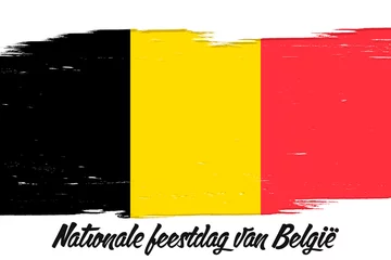Fototapeten "21 Juli Nationale feestdag van België" - 21 of July Belgian Independence Day, banner with grunge brush. Belgium flag, national tricolor in original colors. © Denis Sined