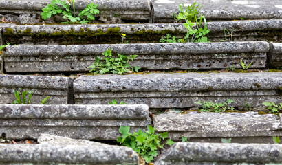Close. The ancient stairs cracked in half. stone stairs. Covered with grass.