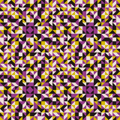 Pink and yellow triangles mosaic ornament. Vector seamless triangles decorative puzzle pattern.
