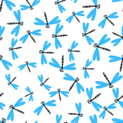 Seamless pattern with color dragonfly on white background. Romantic vector illustration. Adorable cartoon character. Template design for invitation, textile, fabric. Doodle style