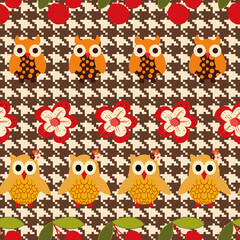 Classic pattern with owls and flowers seamless repeat pattern print background