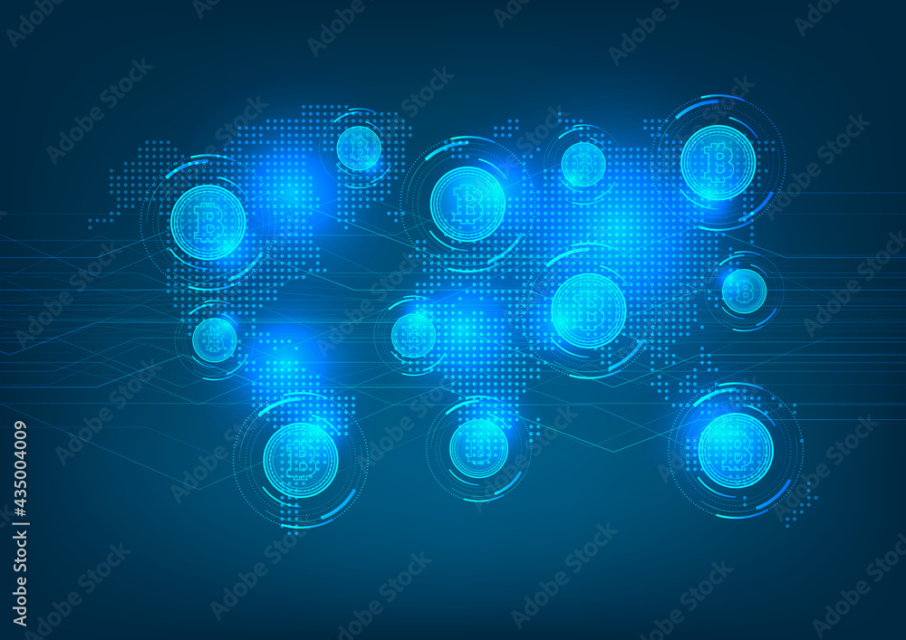 Poster global bitcoin crypto currency blockchain technology world map background.