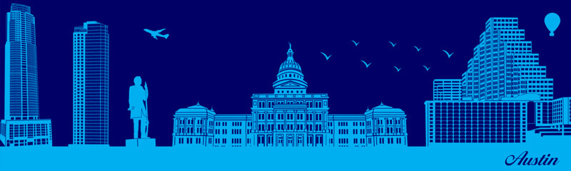 Vector city skyline silhouette - illustration, 
Town in blue background, 
Austin Texas