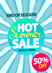 Hot Summer Sale up to 50% off, discount banner design template, promotion poster, season offer tag, vector illustration