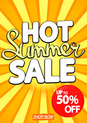 Fototapeta premium Hot Summer Sale up to 50% off, discount banner design template, promotion poster, season offer tag, vector illustration