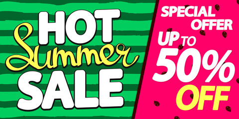 Hot Summer Sale up to 50% off, discount banner design template, promotion poster, season offer tag, vector illustration