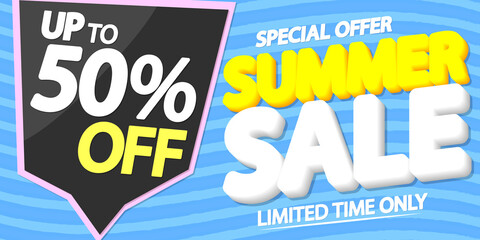 Naklejka na ściany i meble Summer Sale up to 50% off, discount banner design template, promotion poster, season offer tag, vector illustration