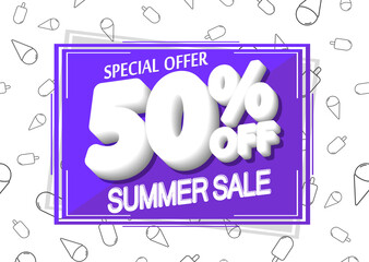 Summer Sale up to 50% off, discount banner design template, promotion poster, season offer tag, vector illustration