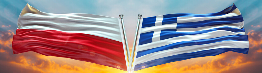 Poland flag and Greece Flag waving with texture sky Cloud and sunset Double Flag  