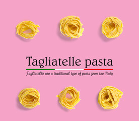 Italian tagliatelle pasta. raw pasta fettuccine, pop art background, flat lay. Italian raw nest pasta isolated on pink. sample text