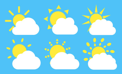 Decor of objects, rooms, dishes, furniture, bed linen. Stickers suns and clouds yellow and white colors for children isolated on blue background.For applications, websites.Weather element