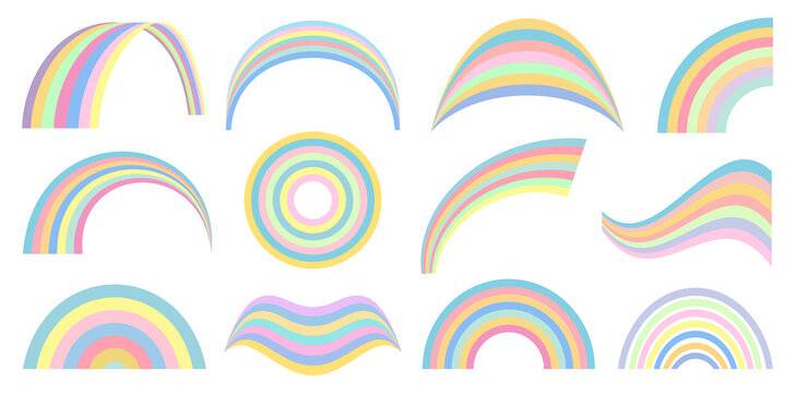 Pastel rainbows for design and decoration of a childrens room, for notebooks, dishes, fabrics, textiles. Soft pleasant colors for printing on clothes. Different shapes.Weather element