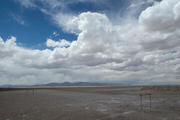 Love for sports. View of a rustic football field built in the salt plains called Salinas Grandes in...