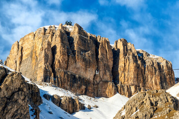 View of the mountain Sass Pordoi from the cable car station on Pordoi Pass, dolomites, Trentino Alto Adige, Italy