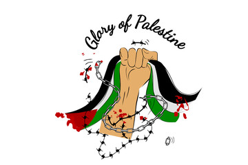 Simple Vector Hand Draw Sketch Hand Holding Palestine Flag, Beyond Broken Broken Chain, with Text Glory of Palestine, Demonstration Plank Isolated on White