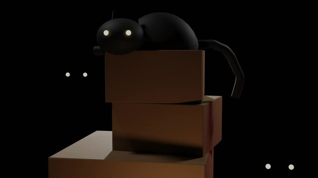 A black cat sits on a pile of cardboard boxes while slowly wagging its tail. Black cats at night. 3D rendering animation in seamless loop.