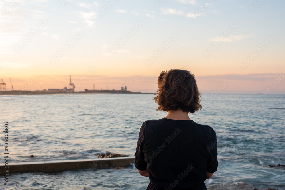 Wall mural rear view of woman watching the ocean