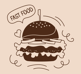 Fast food burger takeaway vintage cartoon set. Hand drawn glyph hamburger icon, sign speech bubble. Hipster card menu delicious fast food. Cheeseburger tasty unhealthy lunch. Vector illustration